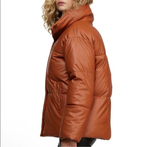 NVLT Cognac Oversized faux Leather Puffer Winter Coat Jacket down alternative XS - Picture 14 of 15